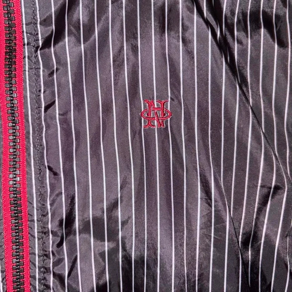 Old Navy black with white vertical pinstripe windbreaker jacket in a small